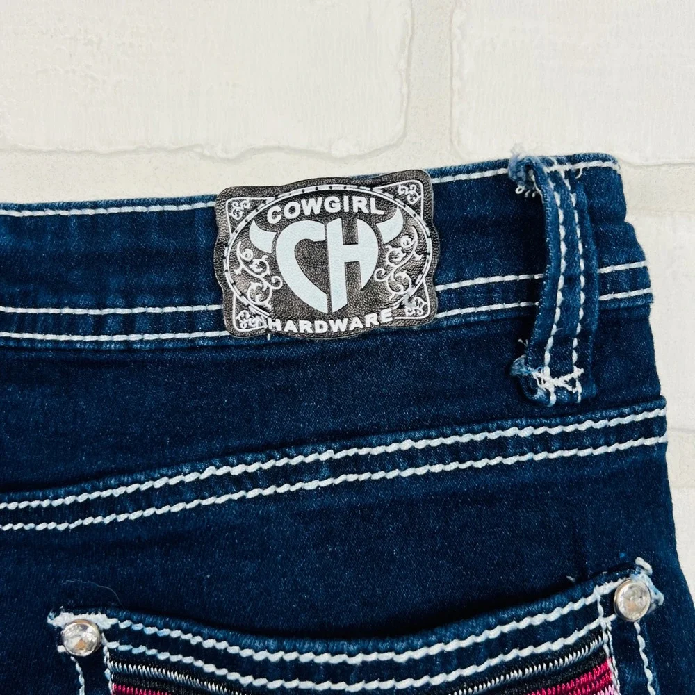 Dark Wash Girls' Flared Jeans with Pink Accent Stretch Denim